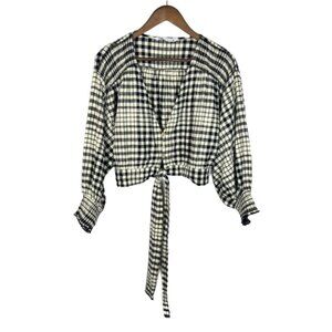 Zara Womens Check Plaid Crop Top Size L Academia Preppy‎ Gauzy Balloon Sleeves